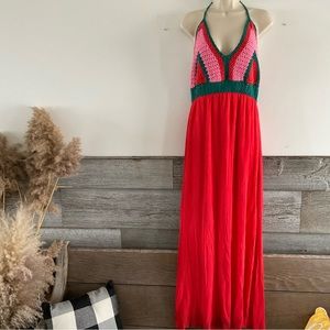 Gianni Bini Red, Pink & Green Crochet Halter Maxi Dress